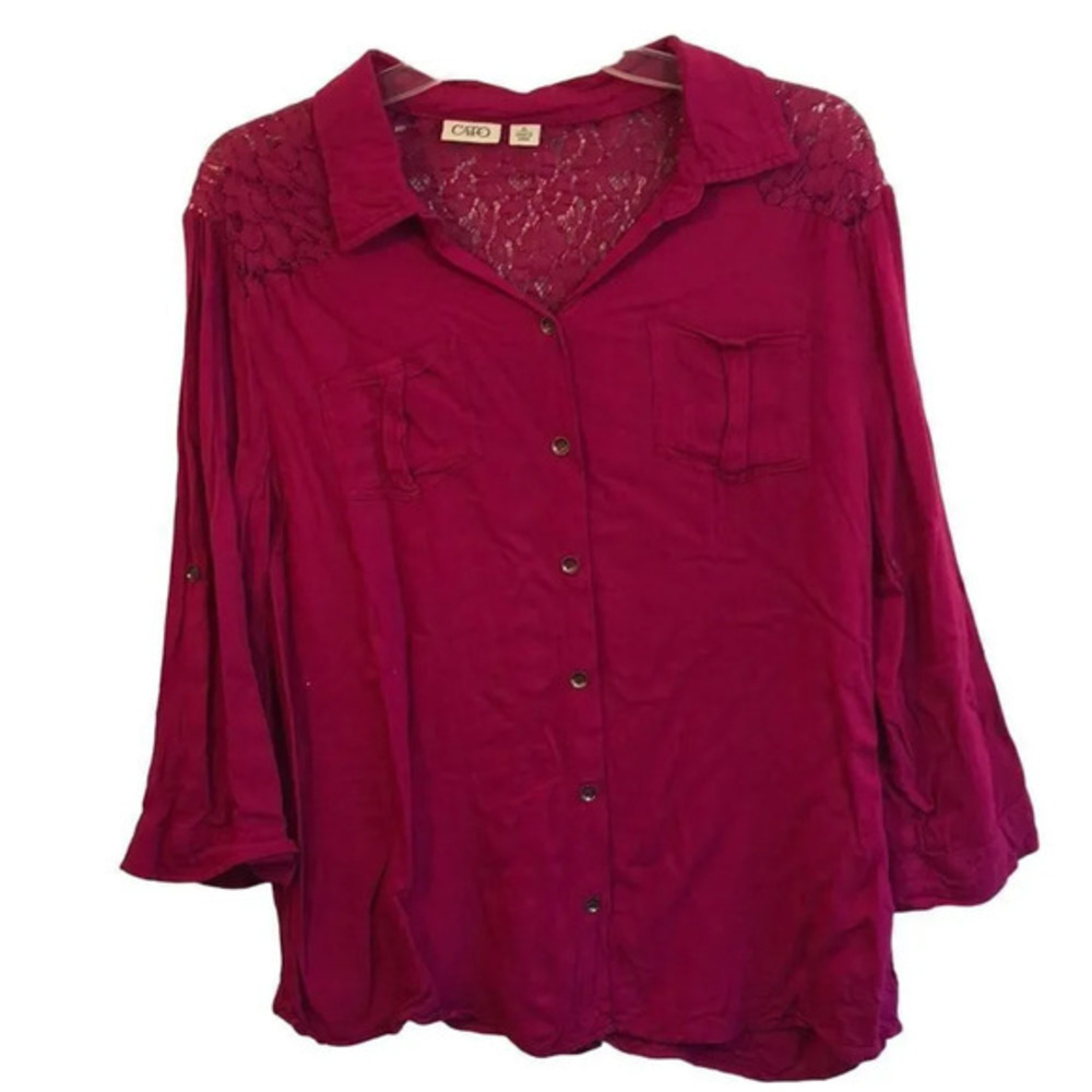 Cato Button Down Shirt Womens Burgundy Lace Yoke Roll Tab‎ Sleeve
